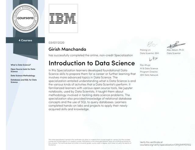 Introduction to Data Science specialization certificate