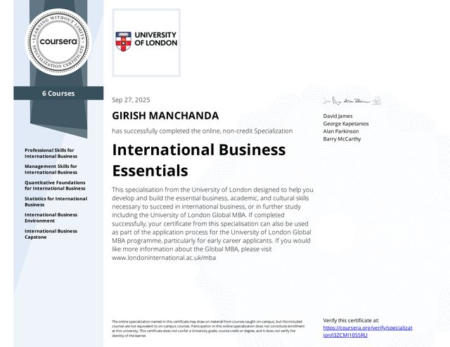 International Business Essentials specialization certificate